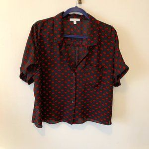Abound Crop Button-Down Lipstick Print Shirt Size L Women